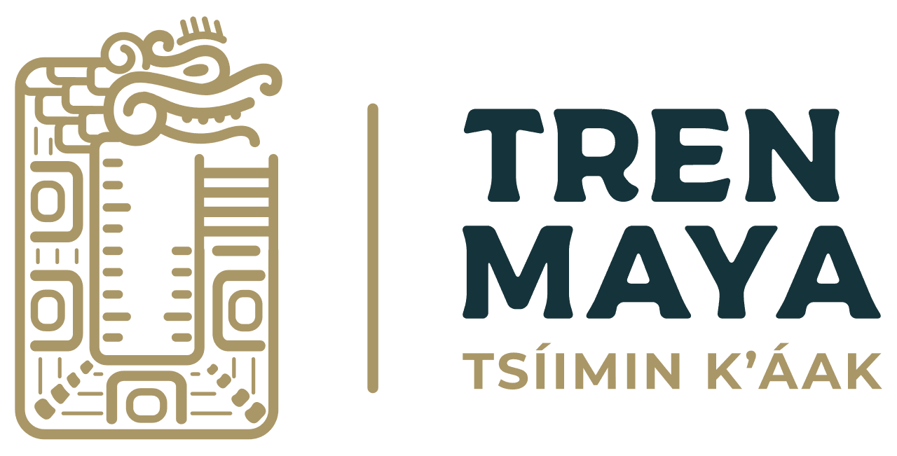 Logotipo del Tren Maya con iconografía maya prehispánica en tonos dorados y texto en español.