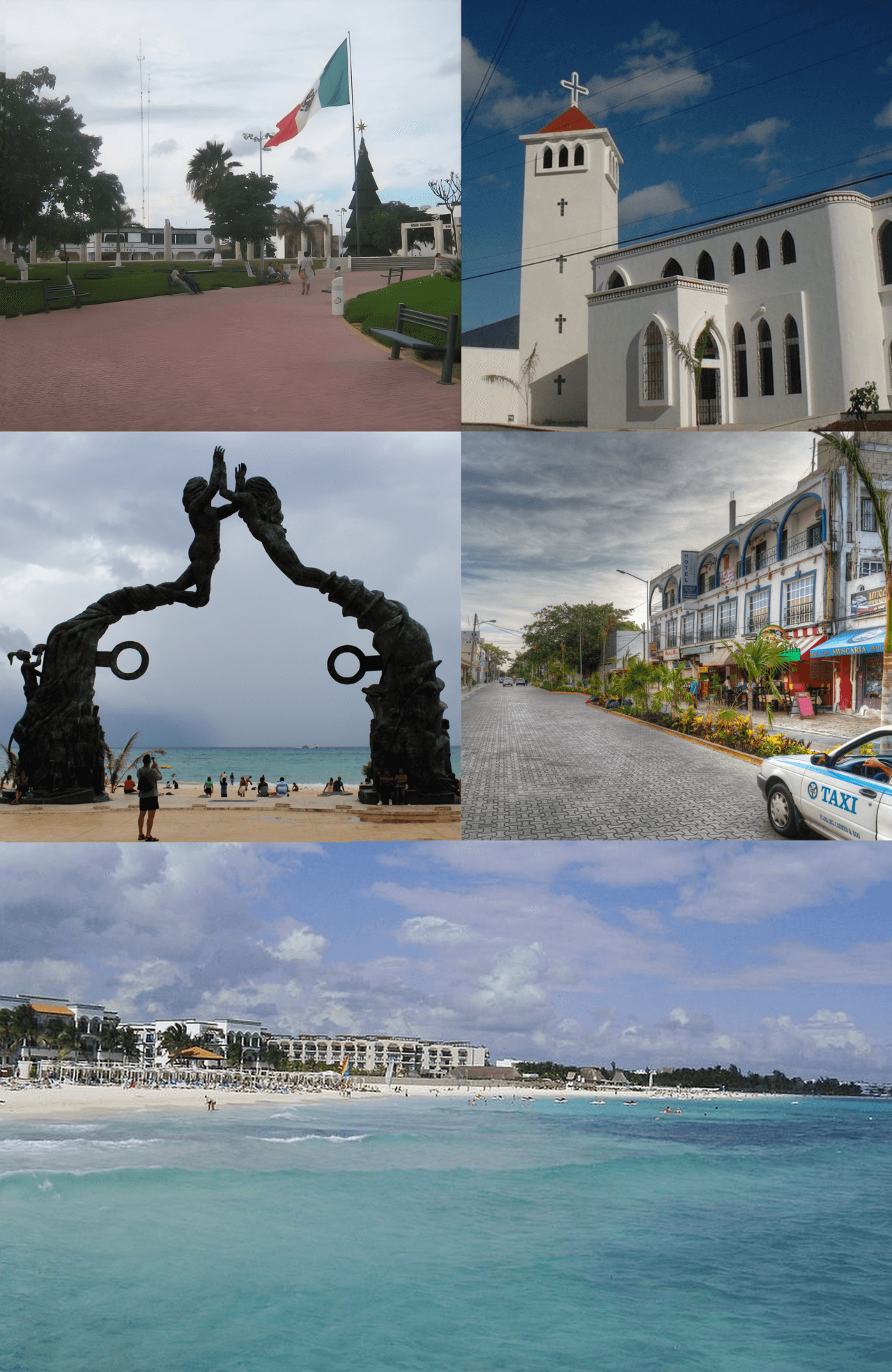 Collage de cinco imágenes que muestran elementos turísticos y urbanos de Playa del Carmen: plaza cívica con bandera mexicana, iglesia blanca, escultura de parejas en playa, calle comercial con tiendas y taxi, y vista de playa con resort.