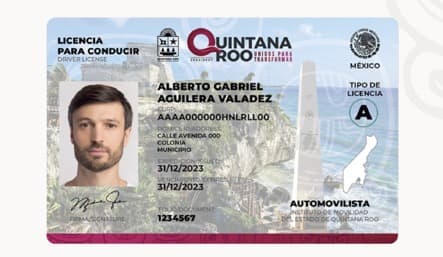 Licencia de conducir de Quintana Roo a nombre de Alberto Gabriel Aguilera Vázquez, tipo A, válida hasta 31/12/2023.