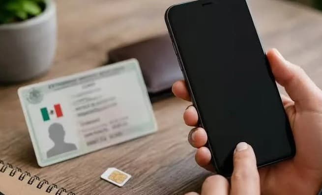 Persona sostiene un teléfono móvil con pantalla apagada junto a una tarjeta de identificación y una SIM card sobre un escritorio de madera.