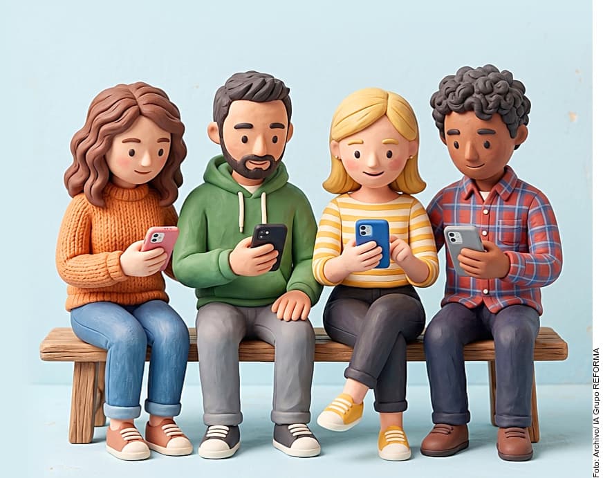 Ilustración de cuatro personas sentadas en una banca sosteniendo teléfonos móviles de diferentes colores.