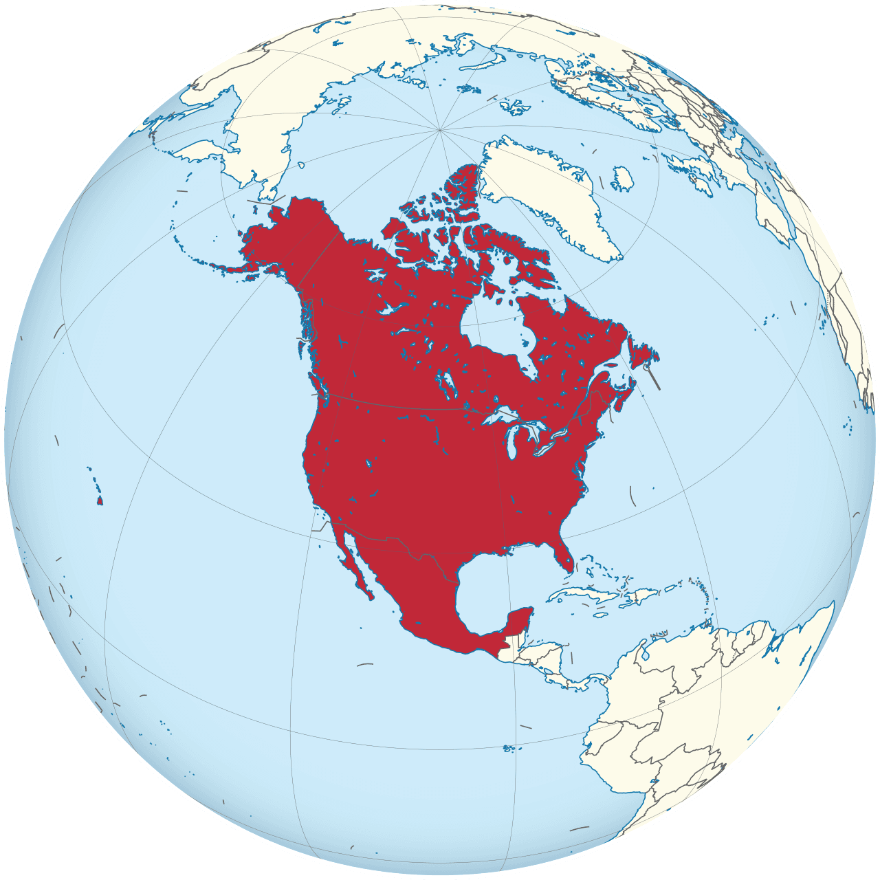 Mapa de América del Norte con territorio de Canadá, Estados Unidos y México destacado en rojo sobre fondo de globo terráqueo.