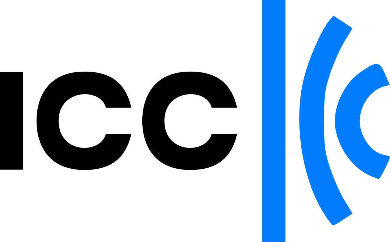 Logotipo de la ICC (Cámara de Comercio Internacional) con letras en negro y símbolo abstracto en azul.