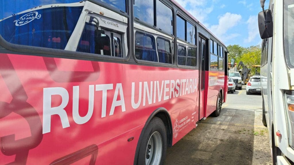 Autobús de color rosa con la leyenda 'RUTA UNIVERSITARIA' estacionado en una zona urbana.