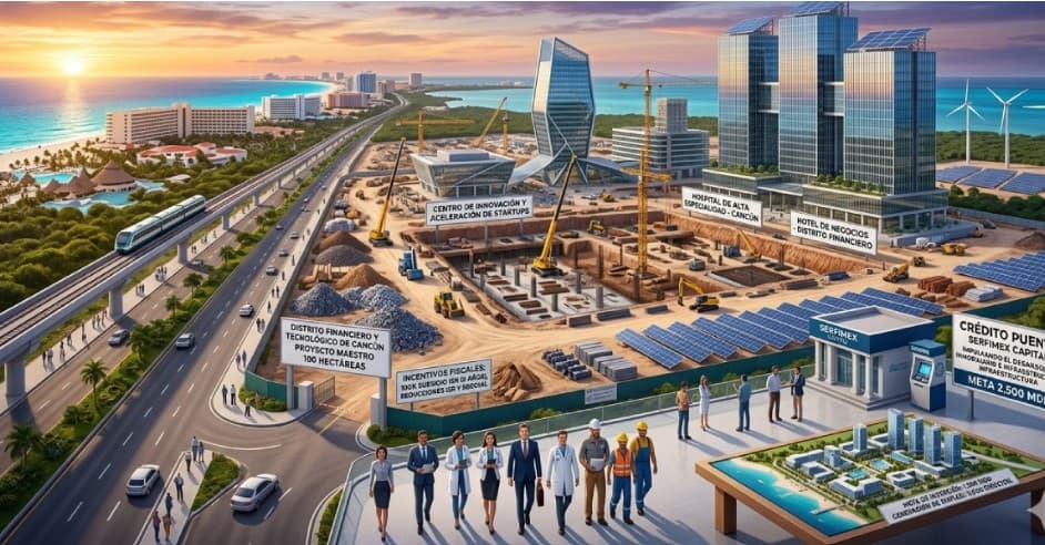 Ilustración de un distrito financiero y tecnológico en construcción con edificios modernos, paneles solares, infraestructura de transporte y profesionales en primer plano.