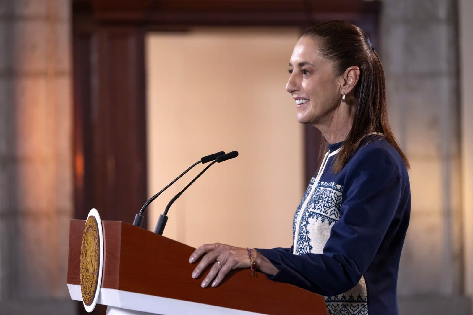 Mujer en traje azul oscuro hablando desde un podio con micróffonos, frente a un fondo institucional beige con un escudo dorado.