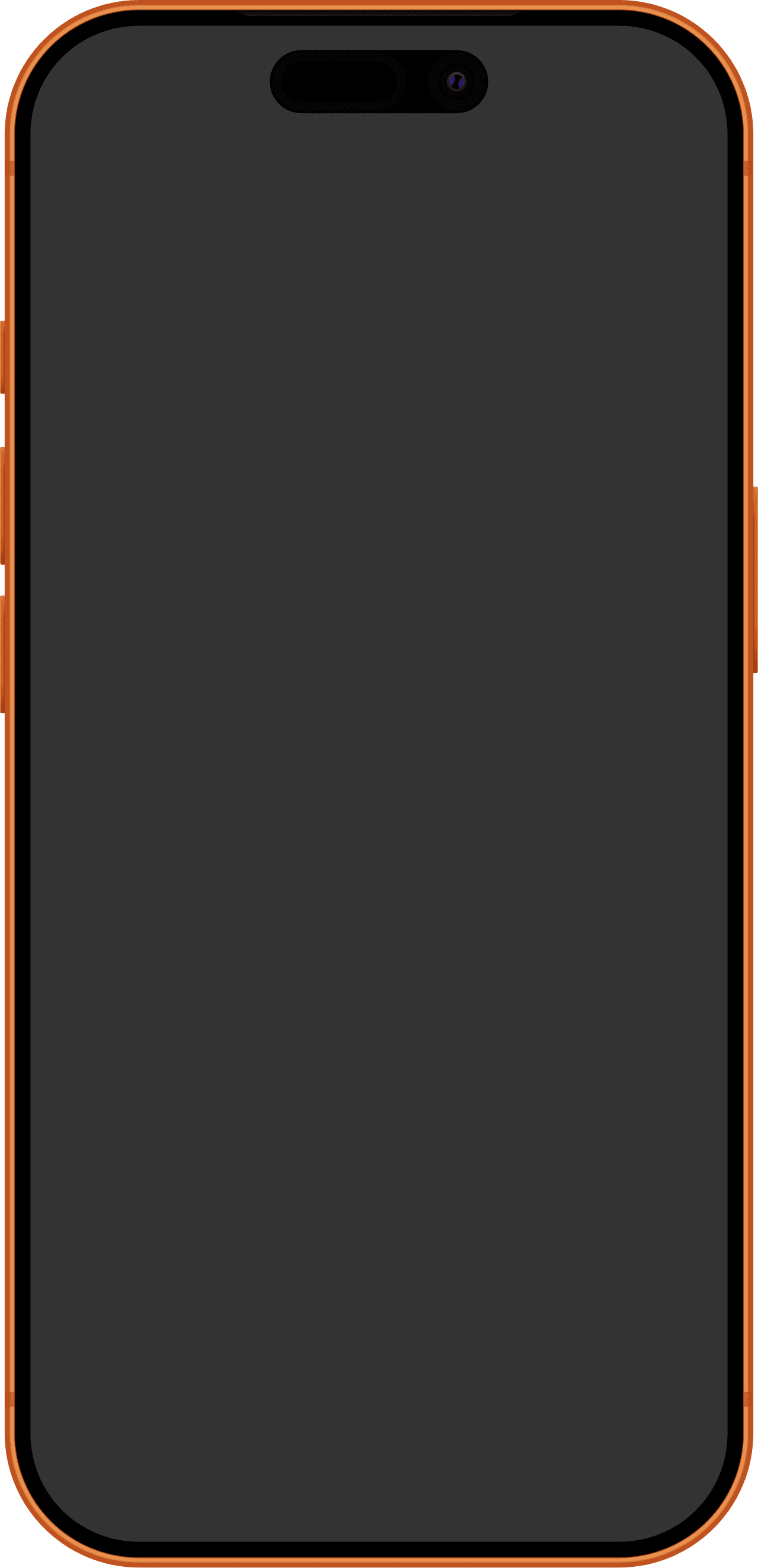 Smartphone con borde naranja y pantalla negra apagada, vista frontal.