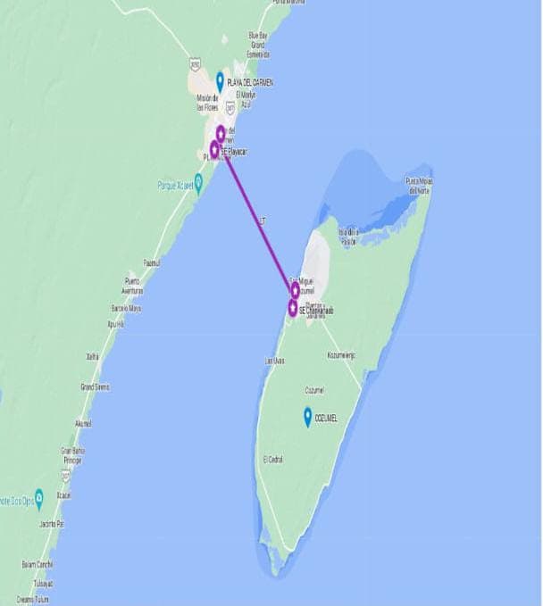 Mapa que muestra una línea de conexión submarina en color púrpura entre Playa del Carmen y Cozumel, con puntos de ubicación marcados en la costa de Quintana Roo.