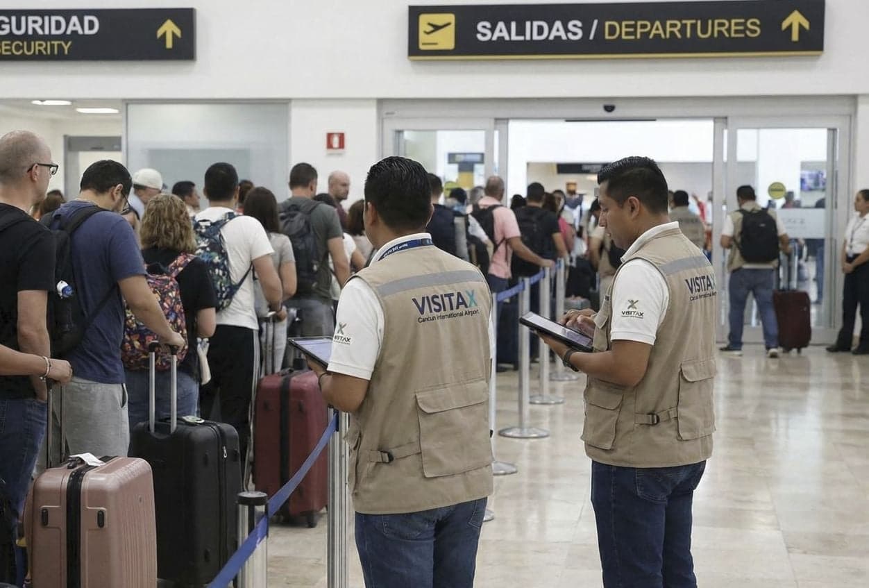 Pasajeros hacen fila en el mostrador de salidas del Aeropuerto Internacional de Cancún mientras empleados de Visitax verifican documentación.