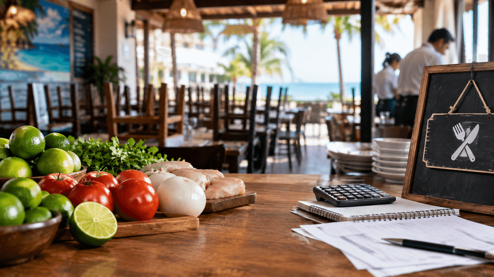 Interior de restaurante frente al mar con ingredientes frescos, utensilios de cocina y documentos sobre mesa de madera.