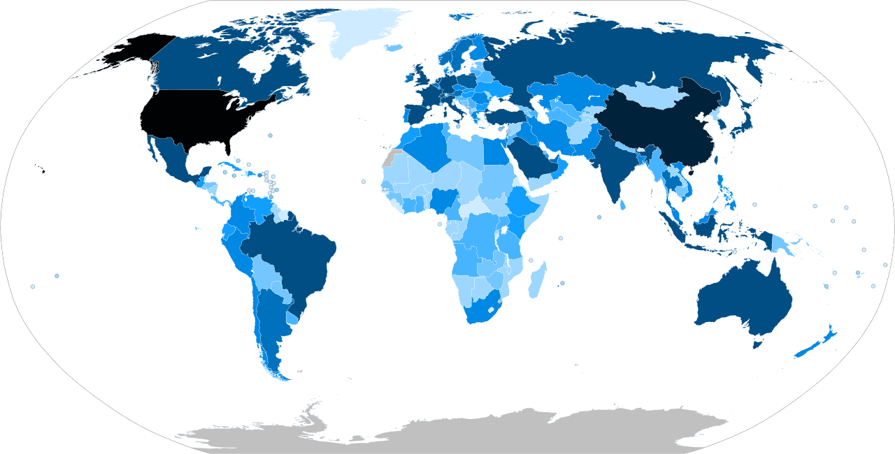 Mapa mundial con países coloreados en diferentes tonos de azul, sin leyenda visible de indicadores económicos.