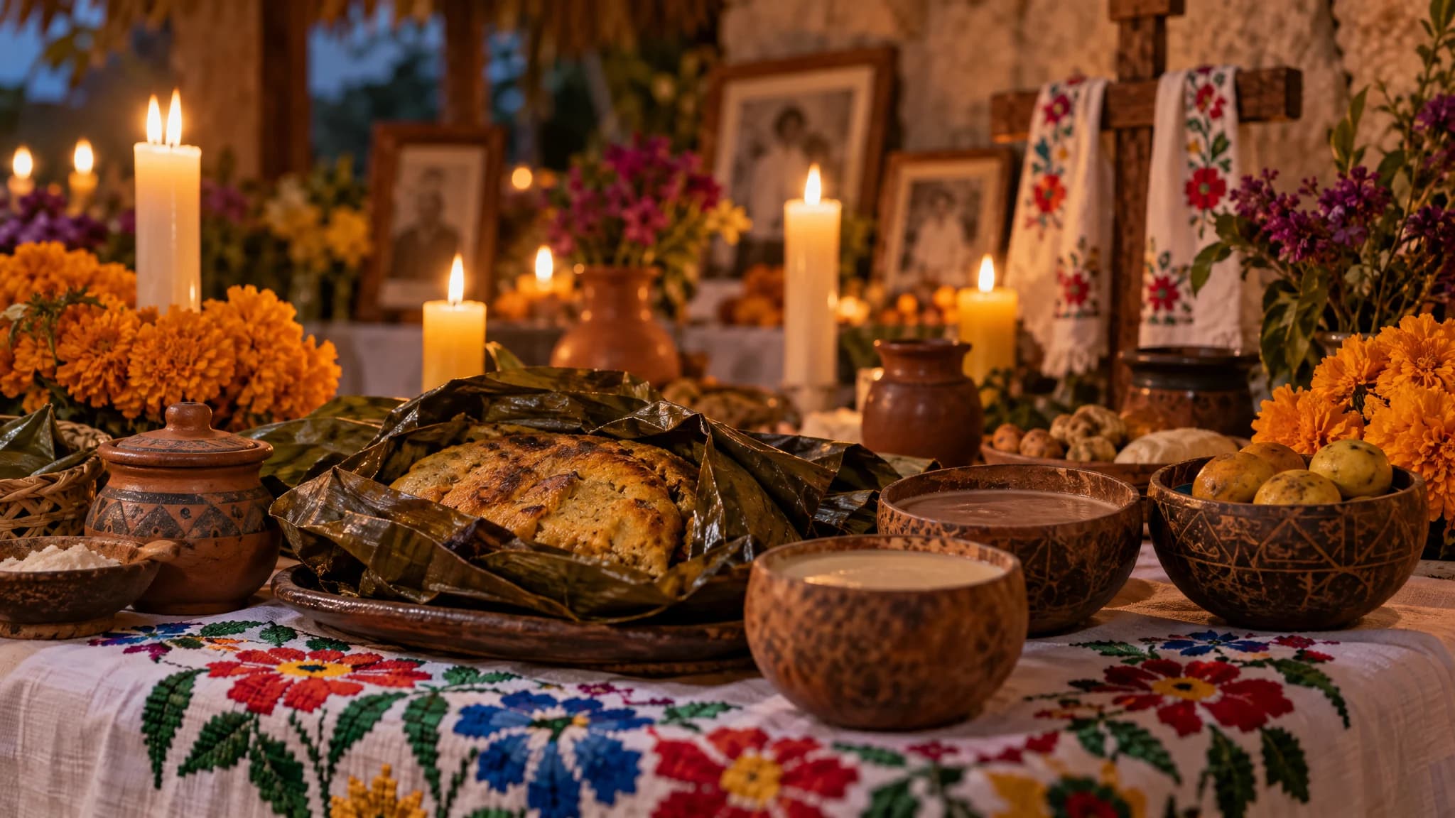 Altar maya de Janal Pixan con mucbipollo en hoja de plátano, jícaras, xec, velas, flores, cruz vestida con bordado de hipil y fotos de difuntos