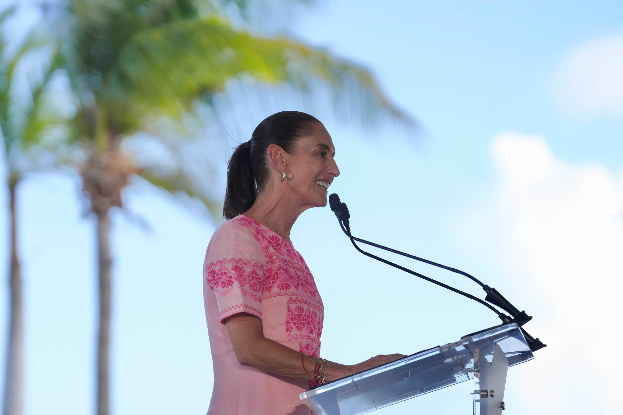 Mujer en podio con micrófono frente a palmas, vistiendo blusa rosa, en evento al aire libre.