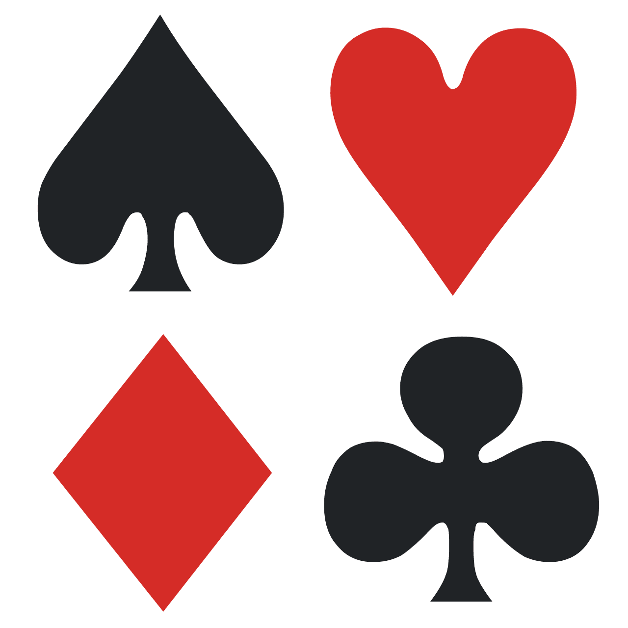 Los cuatro palos de una baraja de póker: espadas negras, corazones rojos, diamantes rojos y tréboles negros.