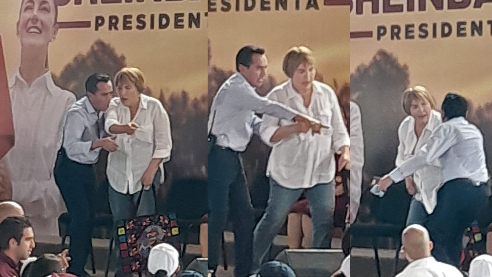 ¡VA PA FUERA! Bajan de templete a Laura Beristain durante visita de Claudia Sheinbaum en Playa del Carmen